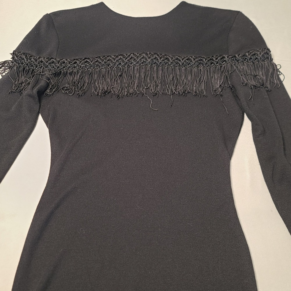 Hearts Fringe Knit Dress Womens 3/4 Black Western Boho Vintage 90s Midi LBD